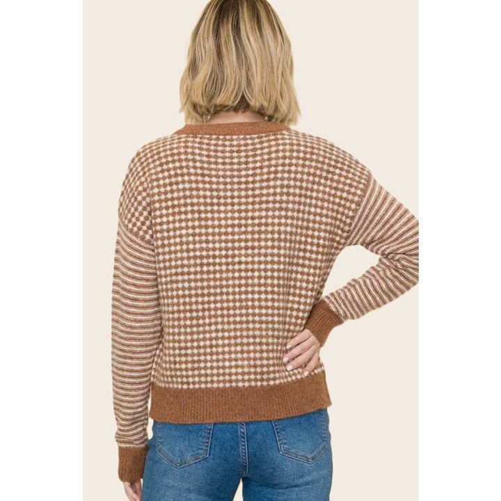 CHECKER BORAD AND STRIPE MIX MEDIA SWEATER