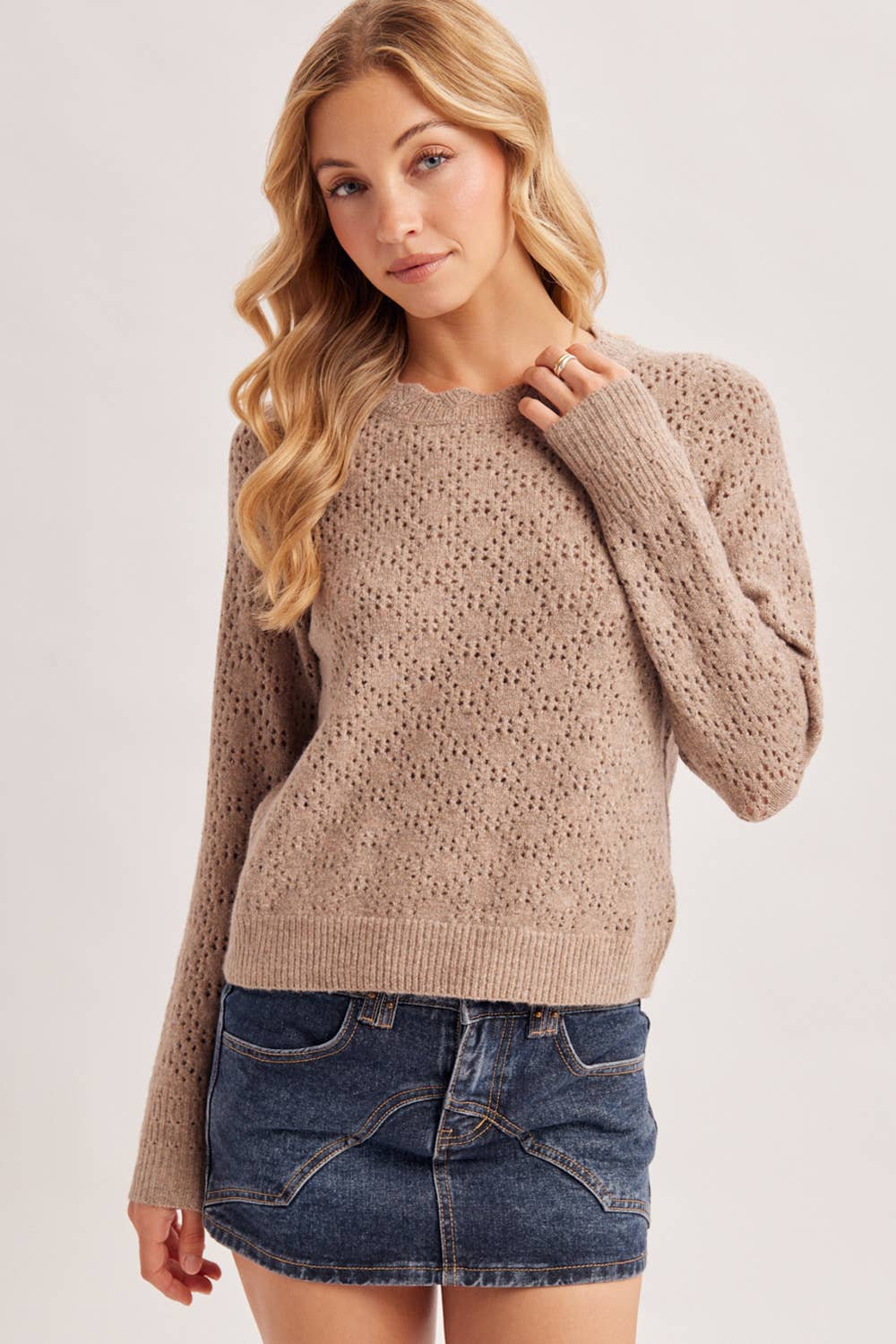 POINTELLE EYELET OPEN KNIT SCALLOPED NECK PULLOVER TOP