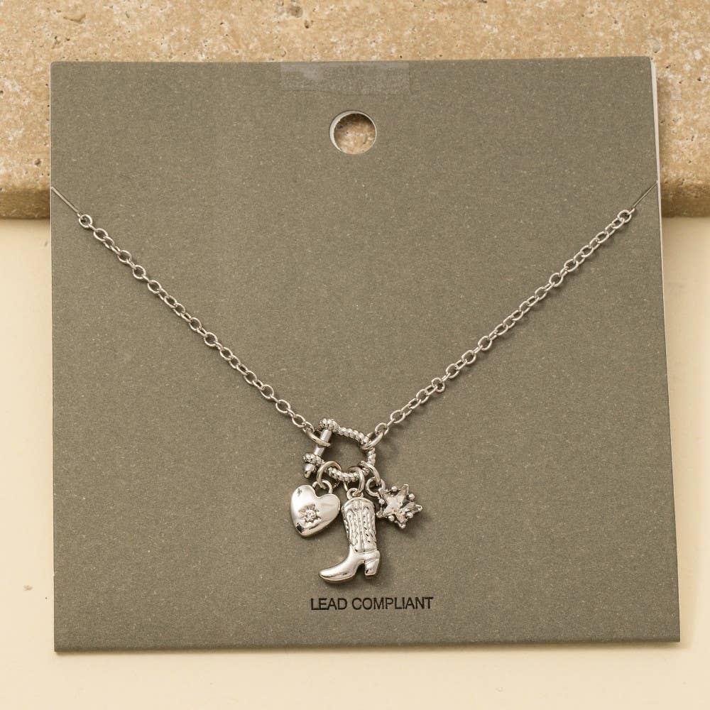 Western Cowboy Boot And Heart Charms Chain Necklace