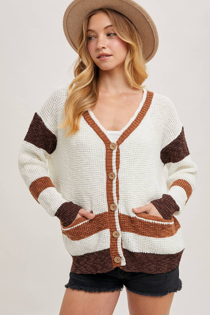 COLOR BLOCK BUTTON DOWN CARDIGAN
