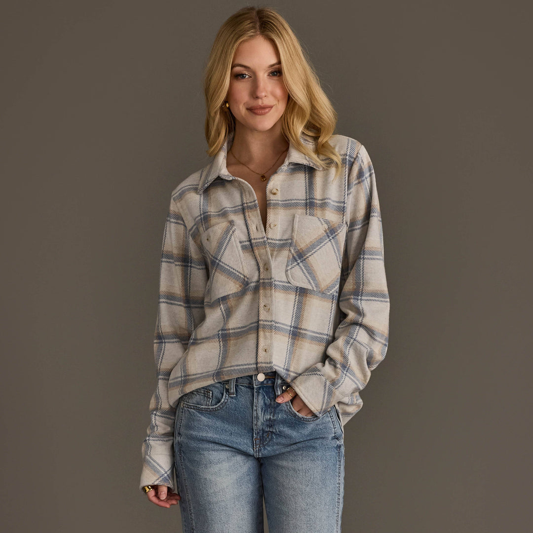 Cream, Dusty Blue & Tan Plaid Button Up