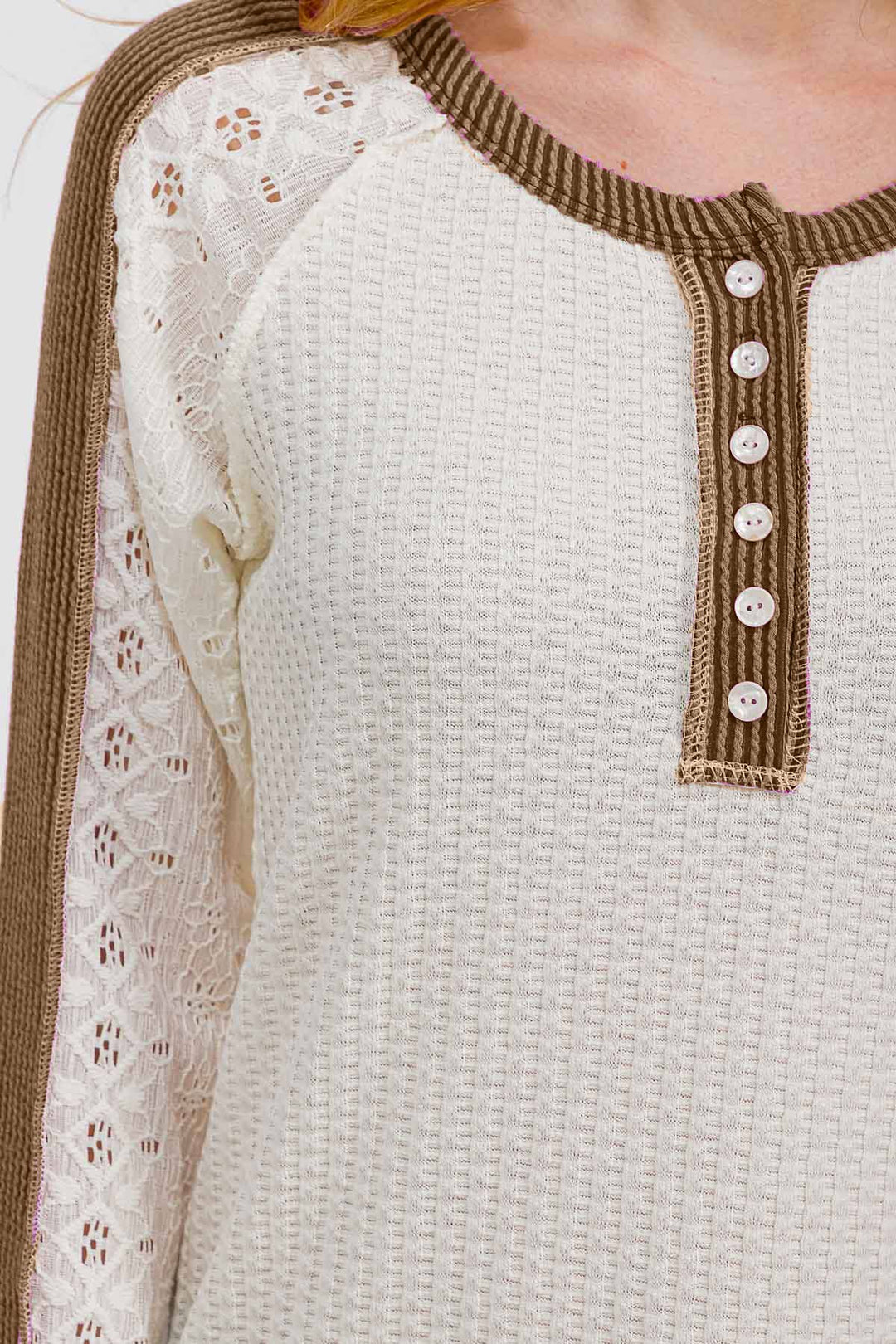 Waffle Knit Top With Eyelet Lace Sleeves