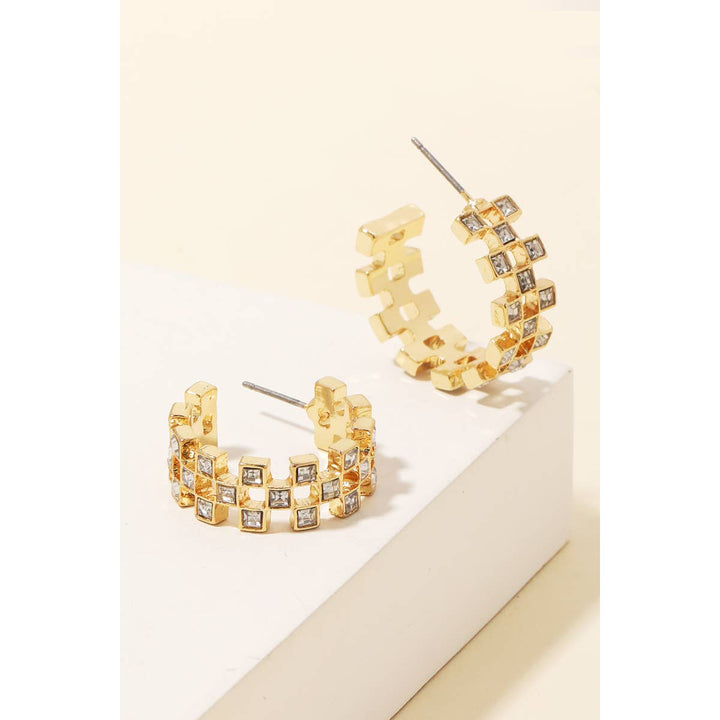 Checkered Rhinestone Squares Hoop Earrings