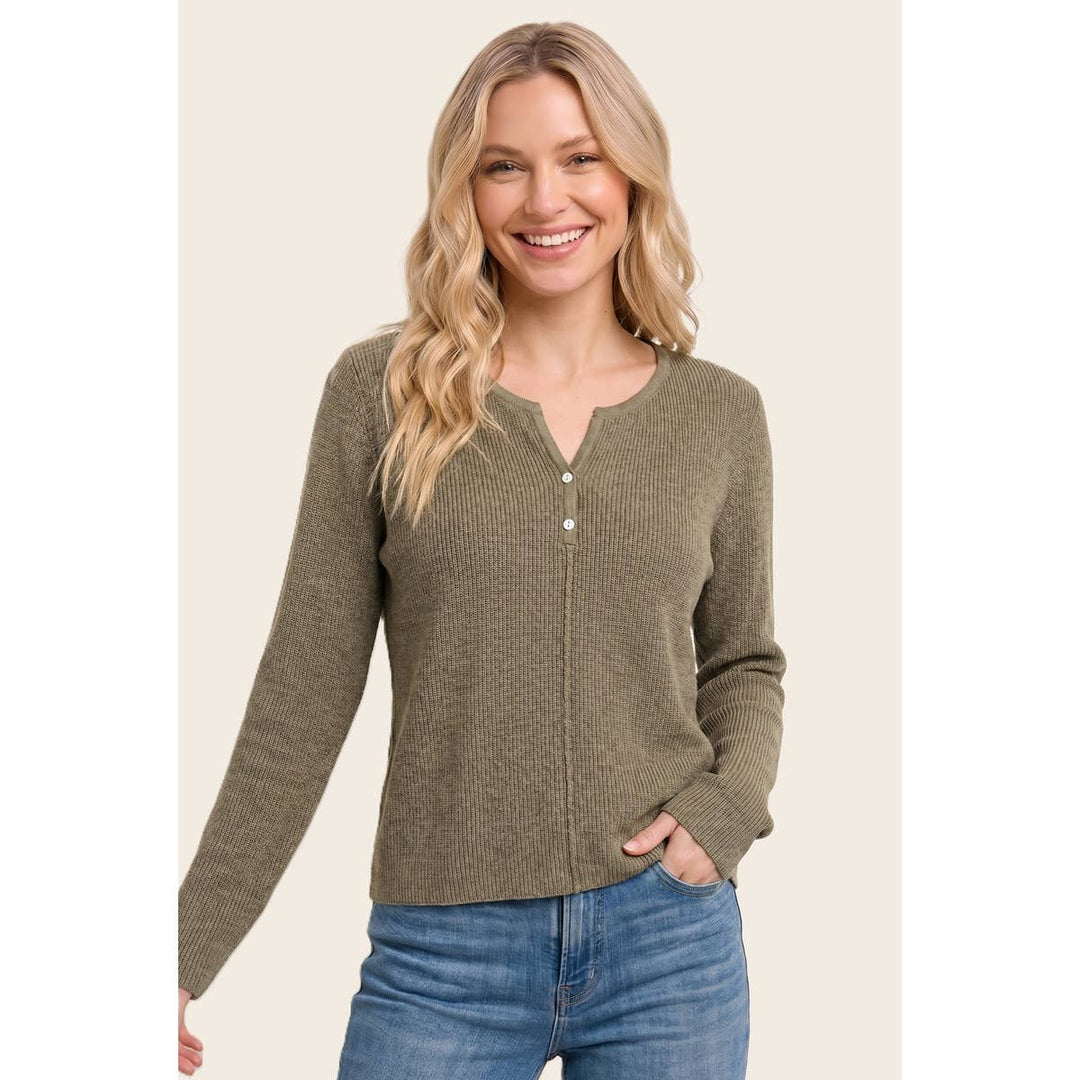 HENLEY BUTTON NECK RIBBED SWEATER