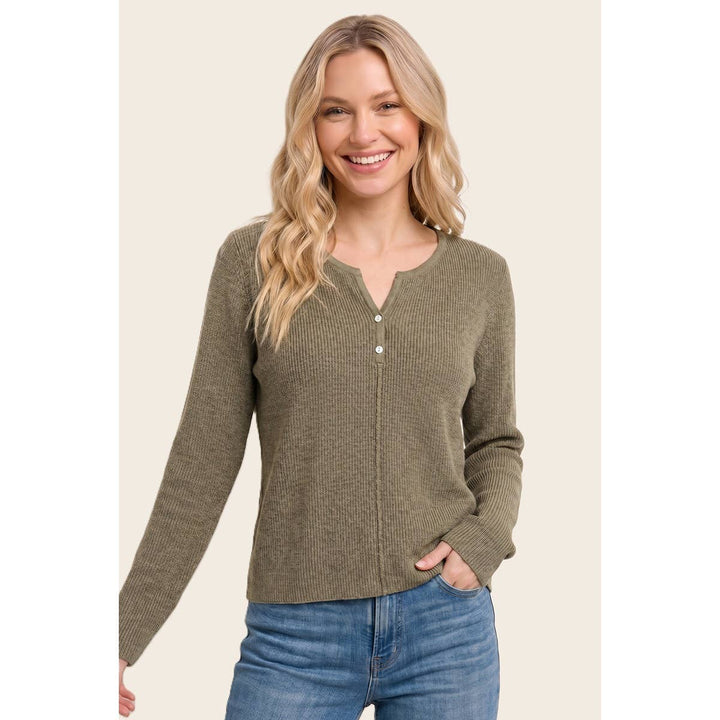 HENLEY BUTTON NECK RIBBED SWEATER
