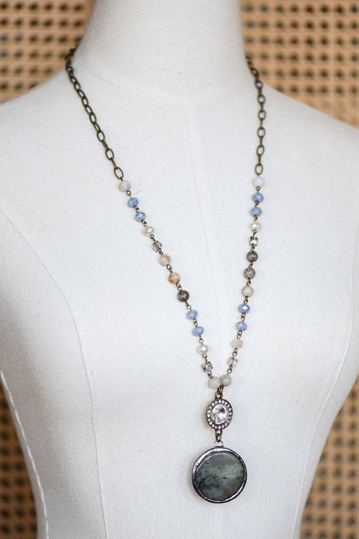 Natural Stone Pendant Beaded Chain Link Necklace - 6466