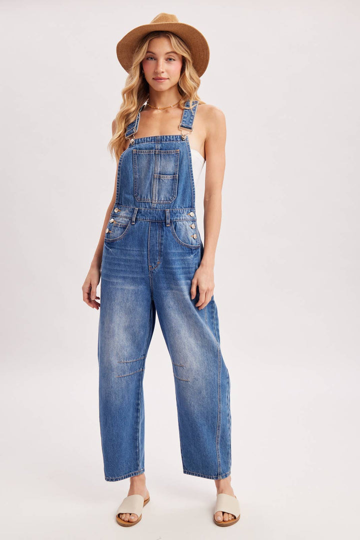 DENIM BARREL OVERALLS: DK.WASH / L