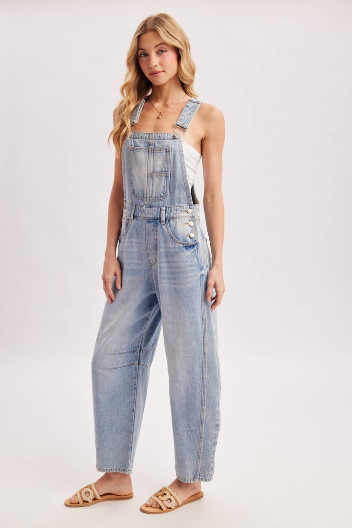 DENIM BARREL OVERALLS: DK.WASH / S