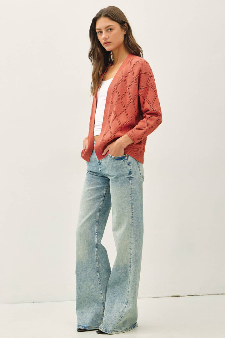 POINTELLE KNIT OPEN FRONT CARDIGAN