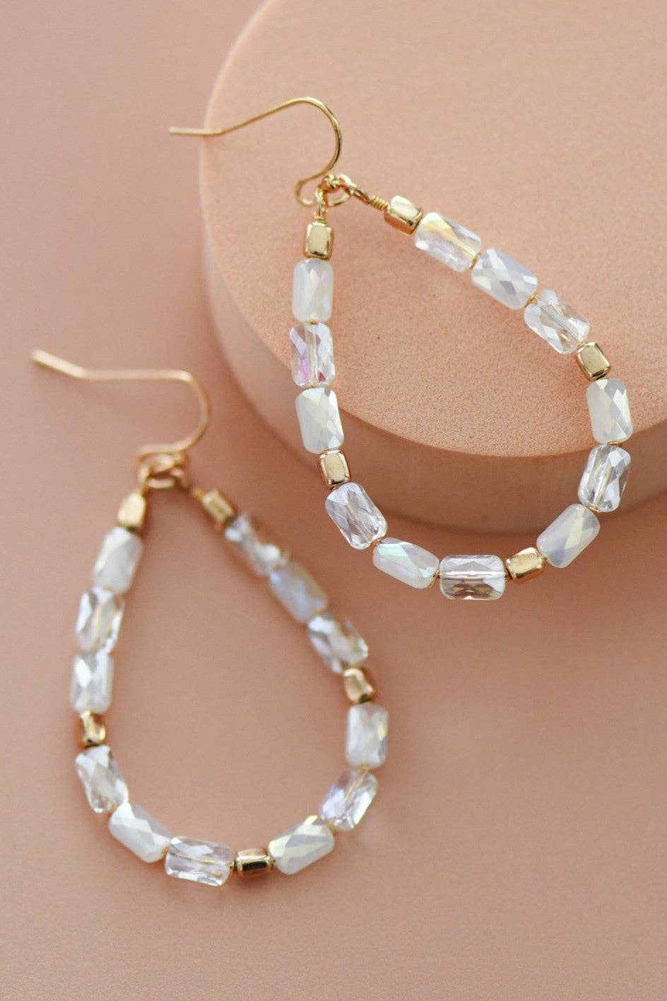 Teardrop Wire Beaded Glass Crystal Earrings - 7284