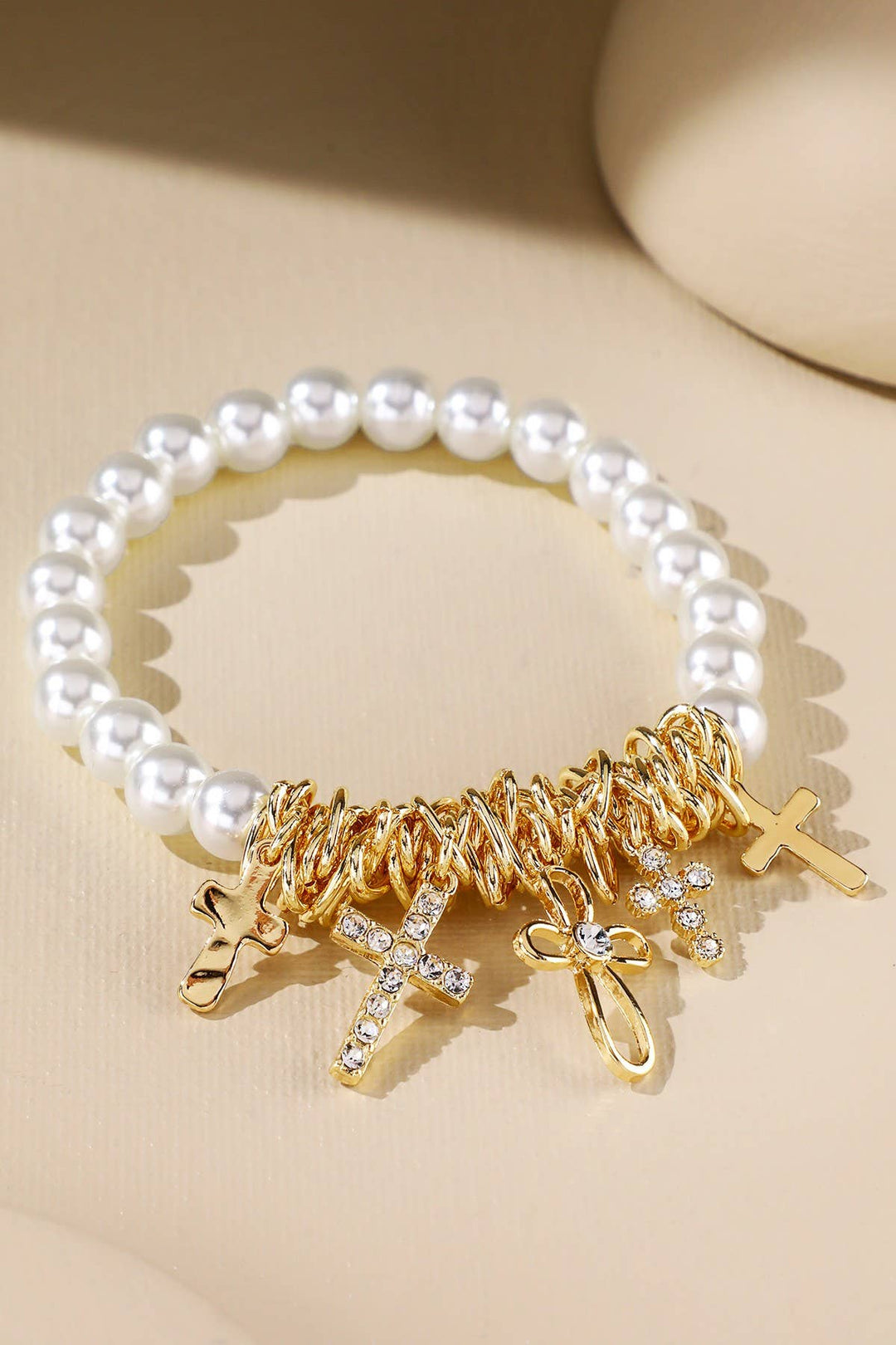 Pearl And Various Cross Charm Bracelet