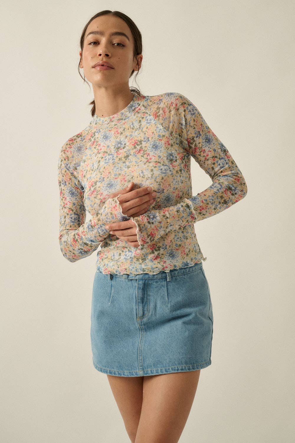 Floral-Print Mesh Mock-Neck Cropped Long-Sleeve Top