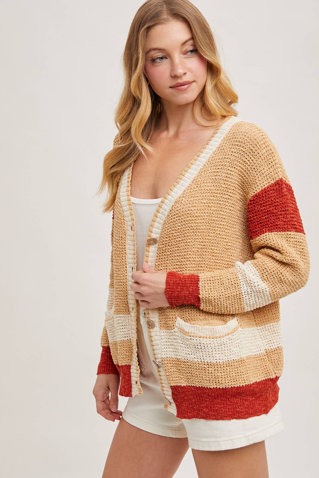 COLOR BLOCK BUTTON DOWN CARDIGAN
