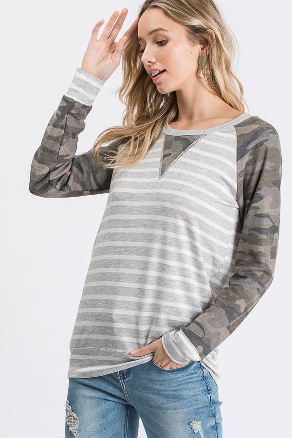 Striped Camo Print Raglan Top