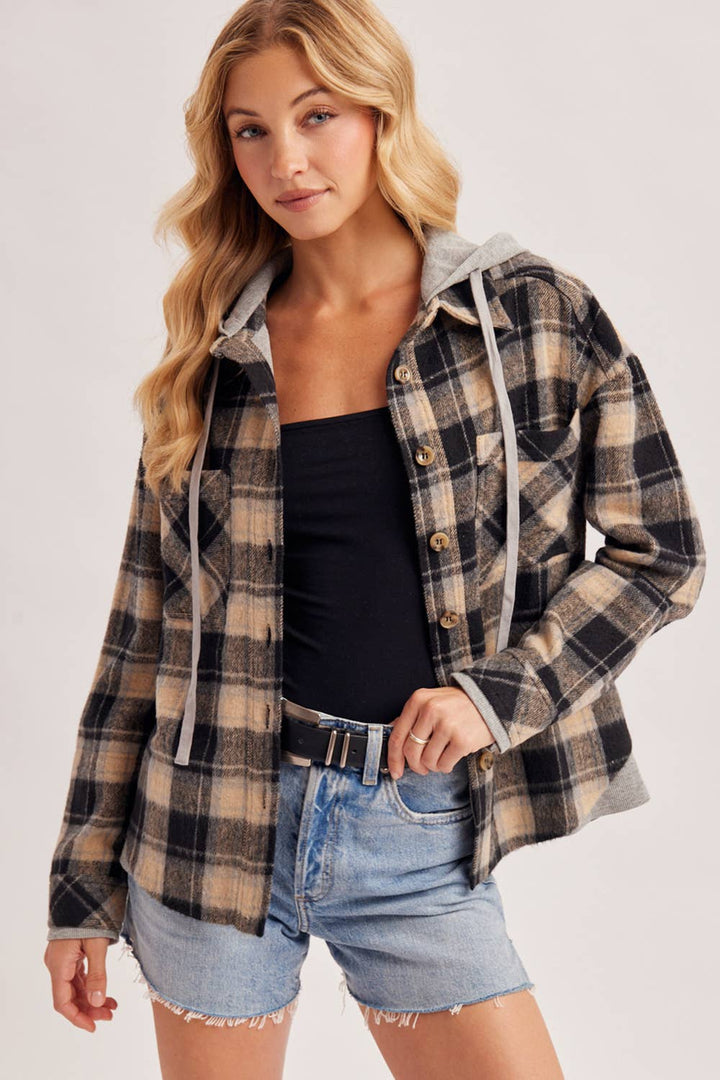 BUTTON DOWN HOODED PLAID SHACKET