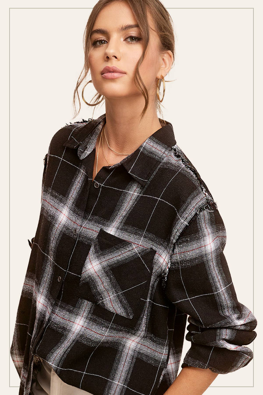 Raw Edge Detailed Plaid Shirt