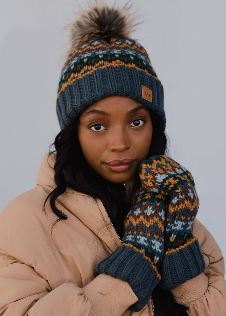 Dusty Blue & Multicolored Pom Hat