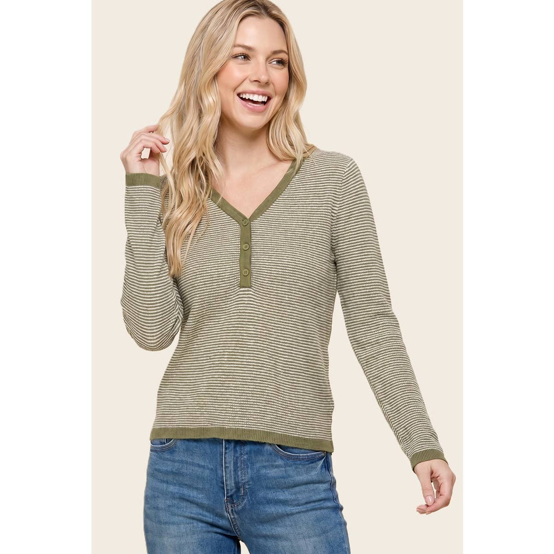 V NENLEY NECK MINI WAFFLE STRIPED TOP