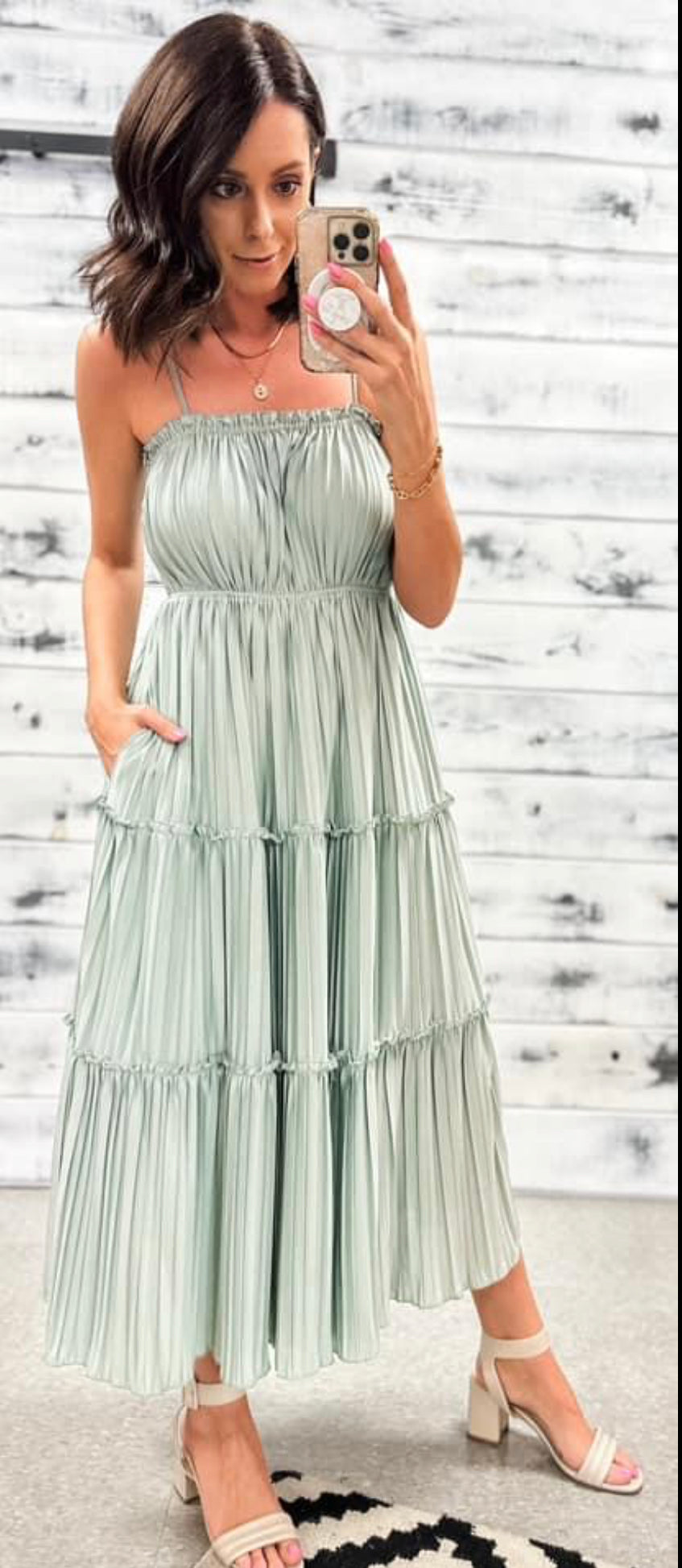 Sage Pleated & Tiered Maxi Dress