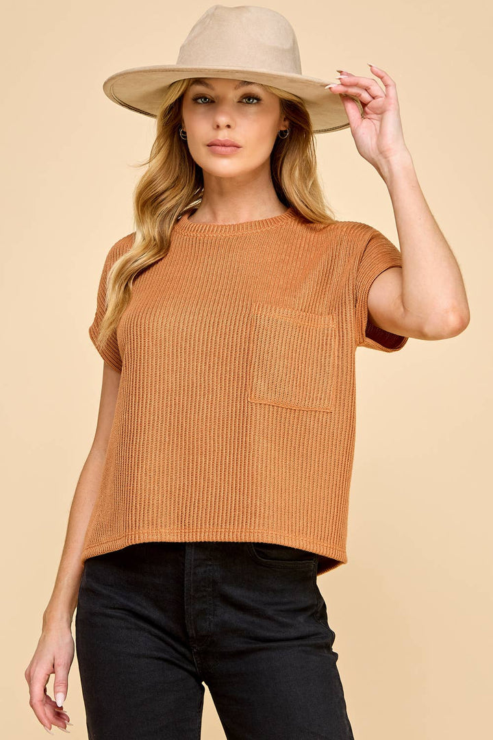 Knitted Solid Short Sleeve Top with Pockets