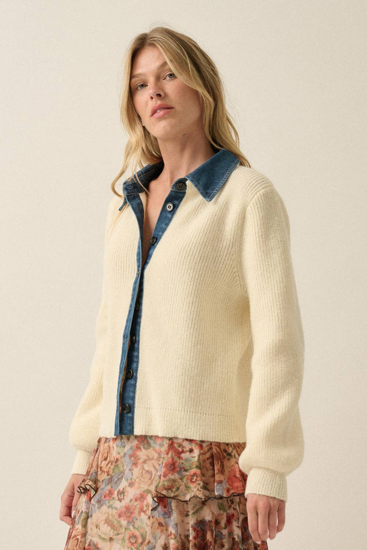 Ribbed Knit and Denim Button-Front Collared Cardigan