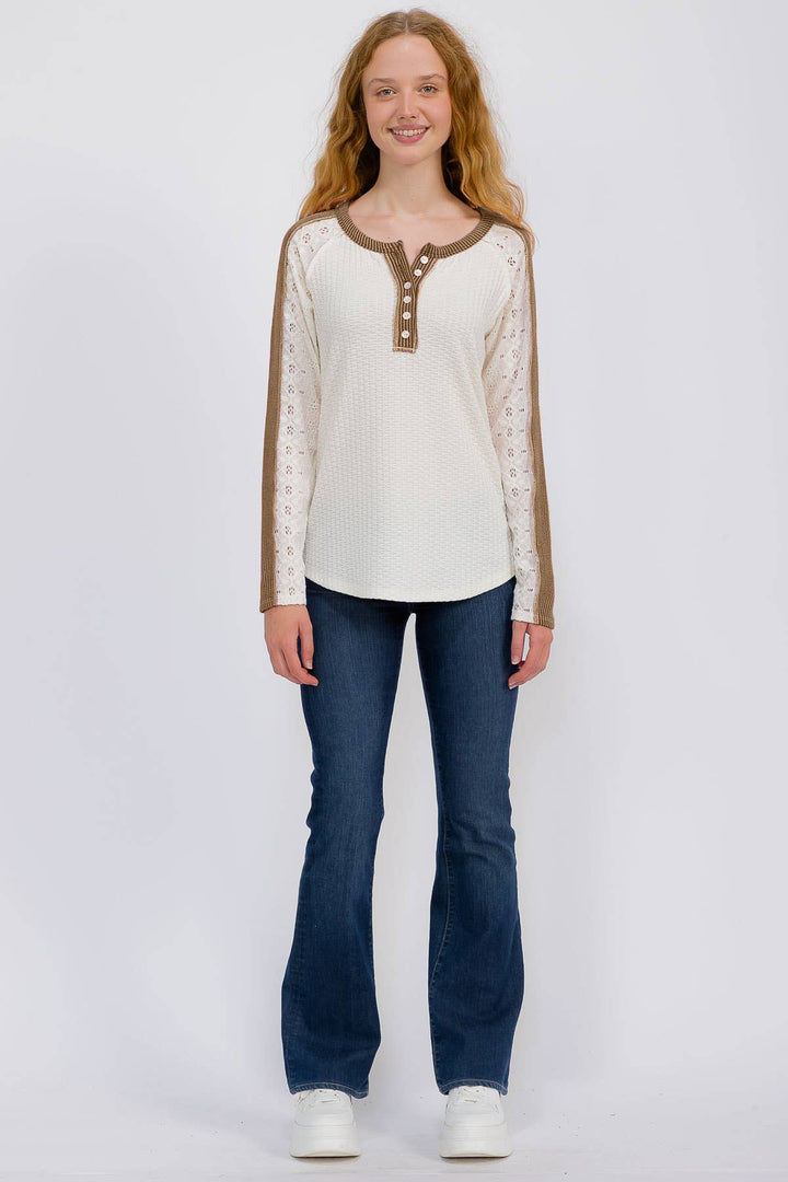Waffle Knit Top With Eyelet Lace Sleeves
