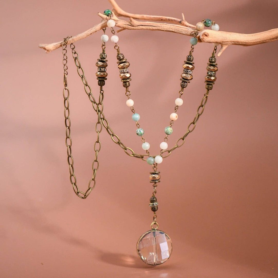 Natural Stone Bead Chain Link Necklace, Glass Crystal Pendant - 6518