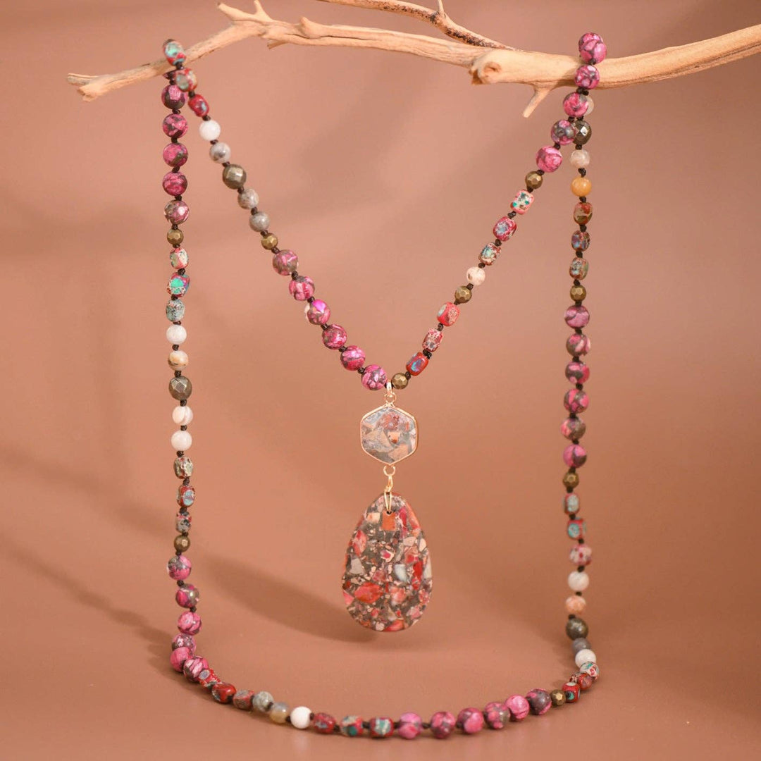 Stone Beaded Long Necklace, Large Stone Pendant - 7264