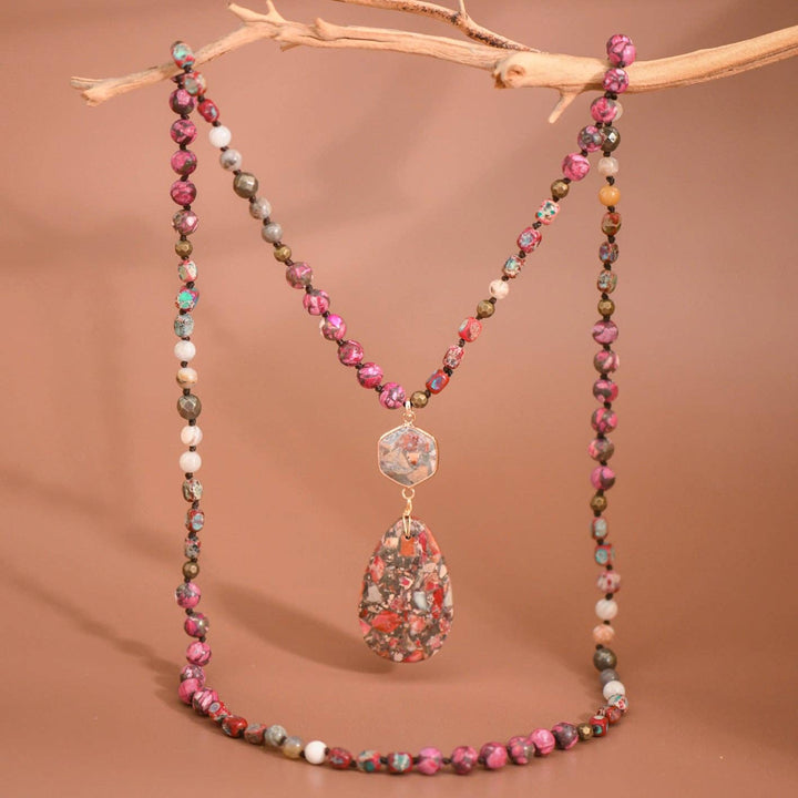 Stone Beaded Long Necklace, Large Stone Pendant - 7264