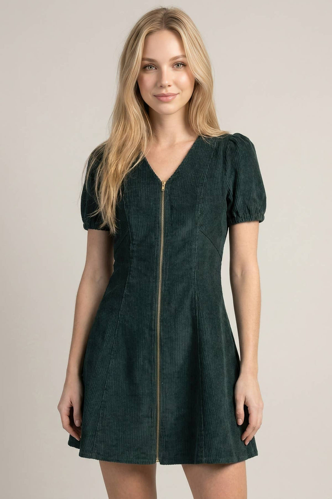 CORDUROY PUFF SLEEVE V-NECK FRONT ZIP-UP MINI DRESS - 28460D