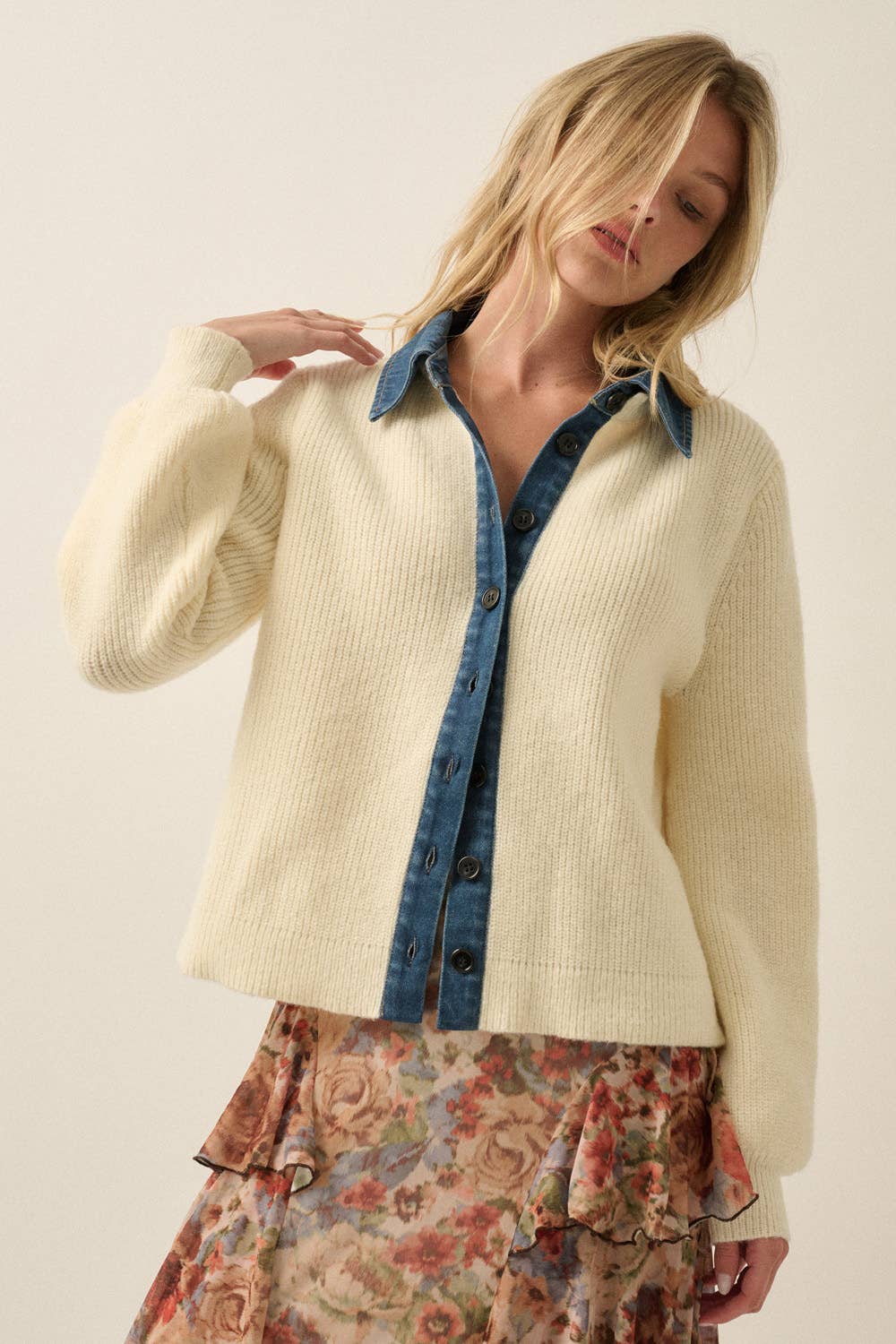 Ribbed Knit and Denim Button-Front Collared Cardigan