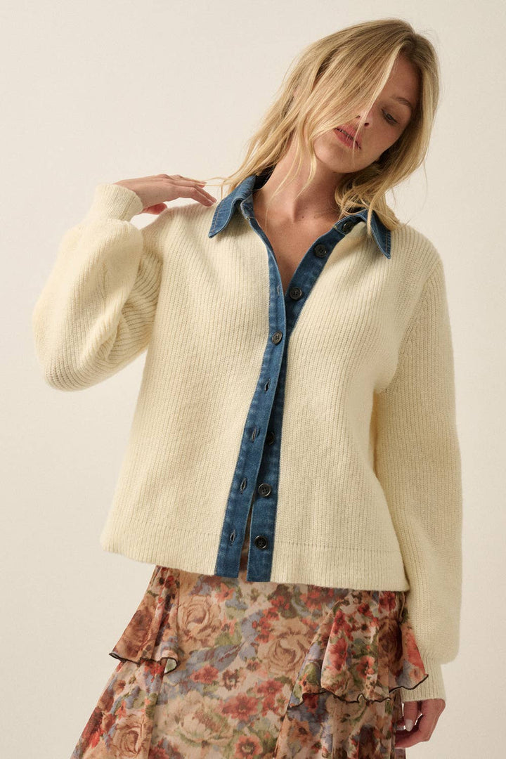 Ribbed Knit and Denim Button-Front Collared Cardigan