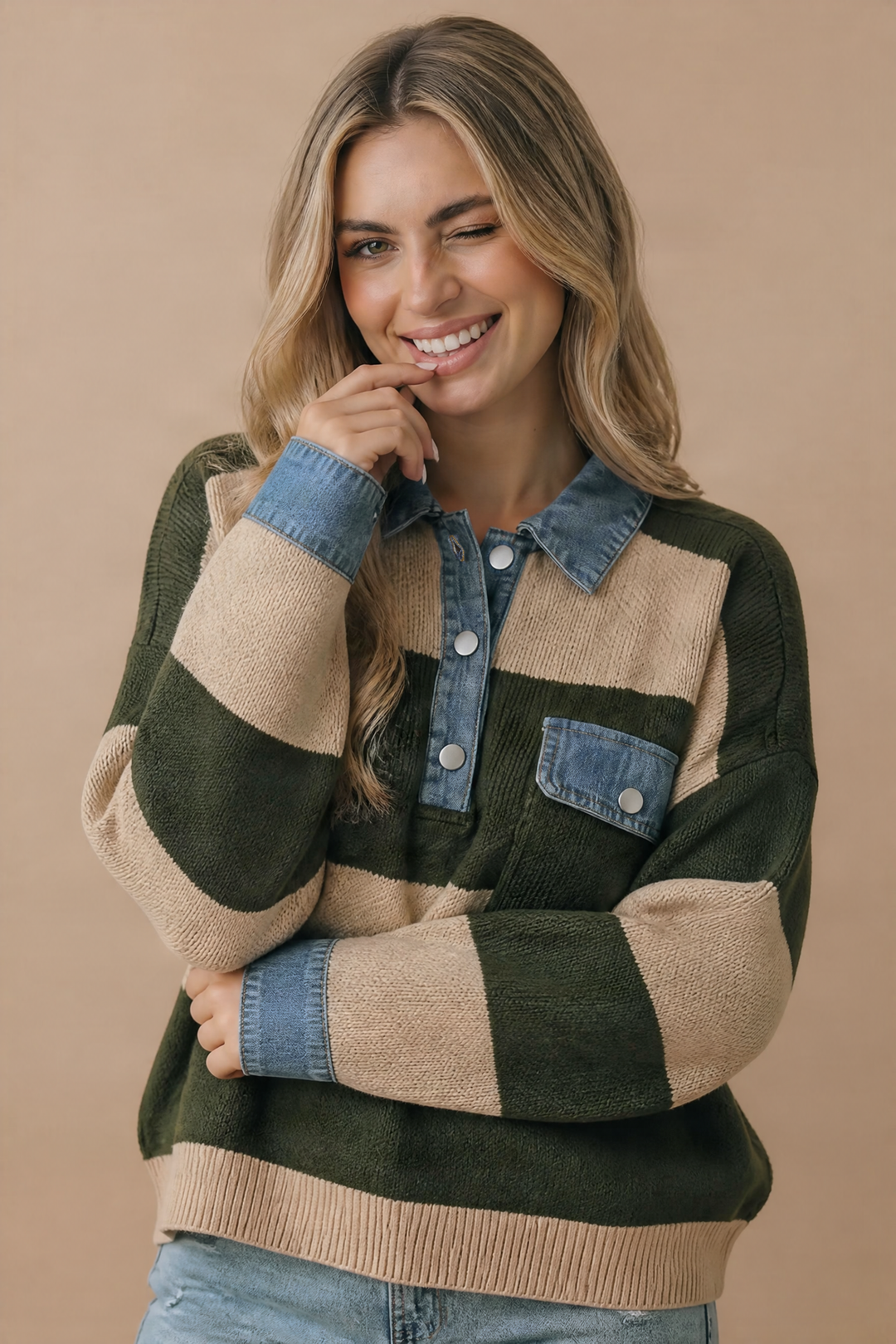 Striped Denim Collar Sweater Knit Top