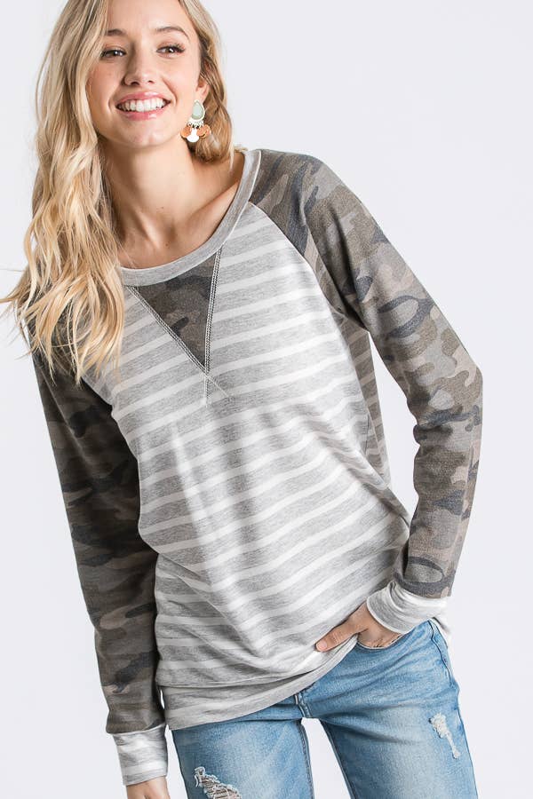 Striped Camo Print Raglan Top