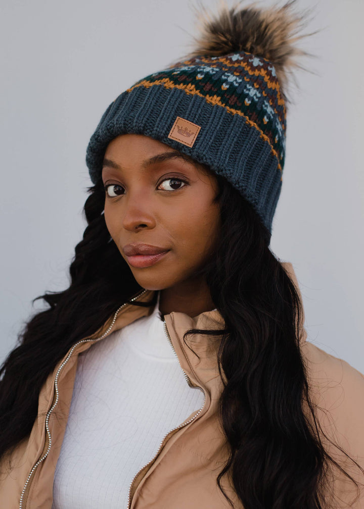 Dusty Blue & Multicolored Pom Hat