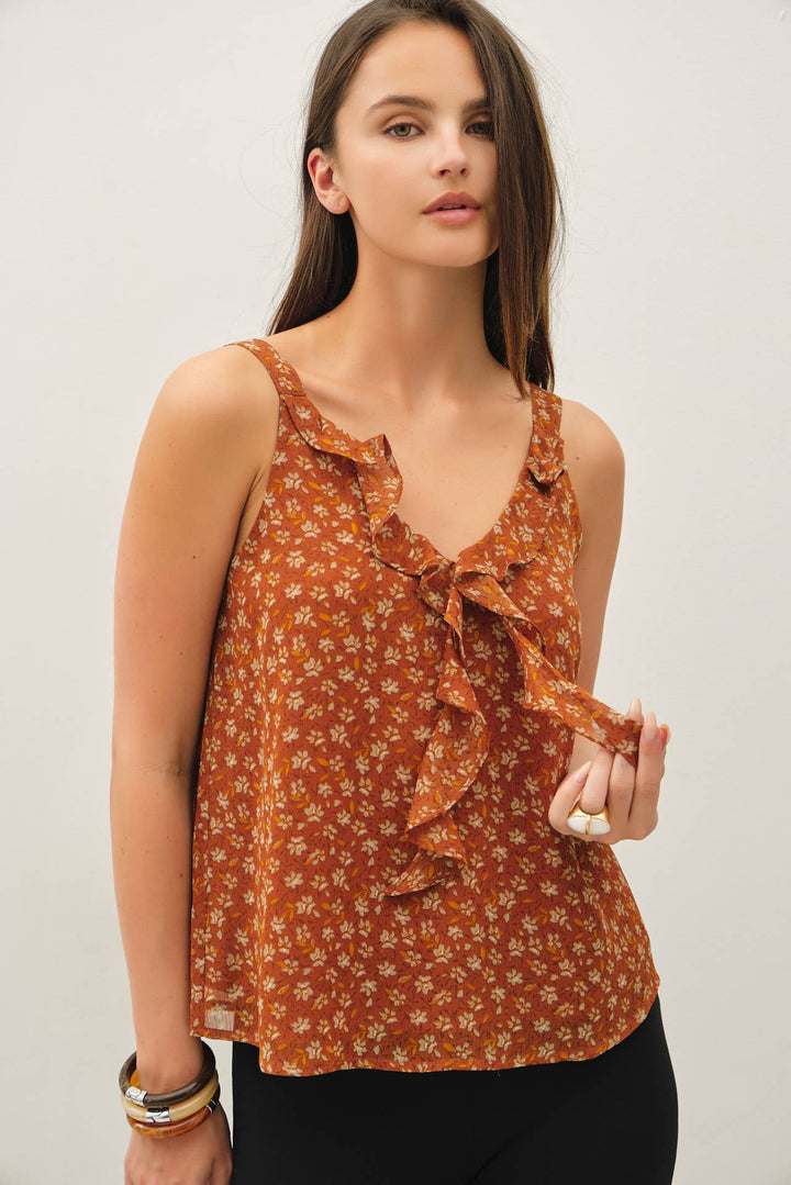 FLORAL PRINT CHIFFON RUFFLE TANK TOP