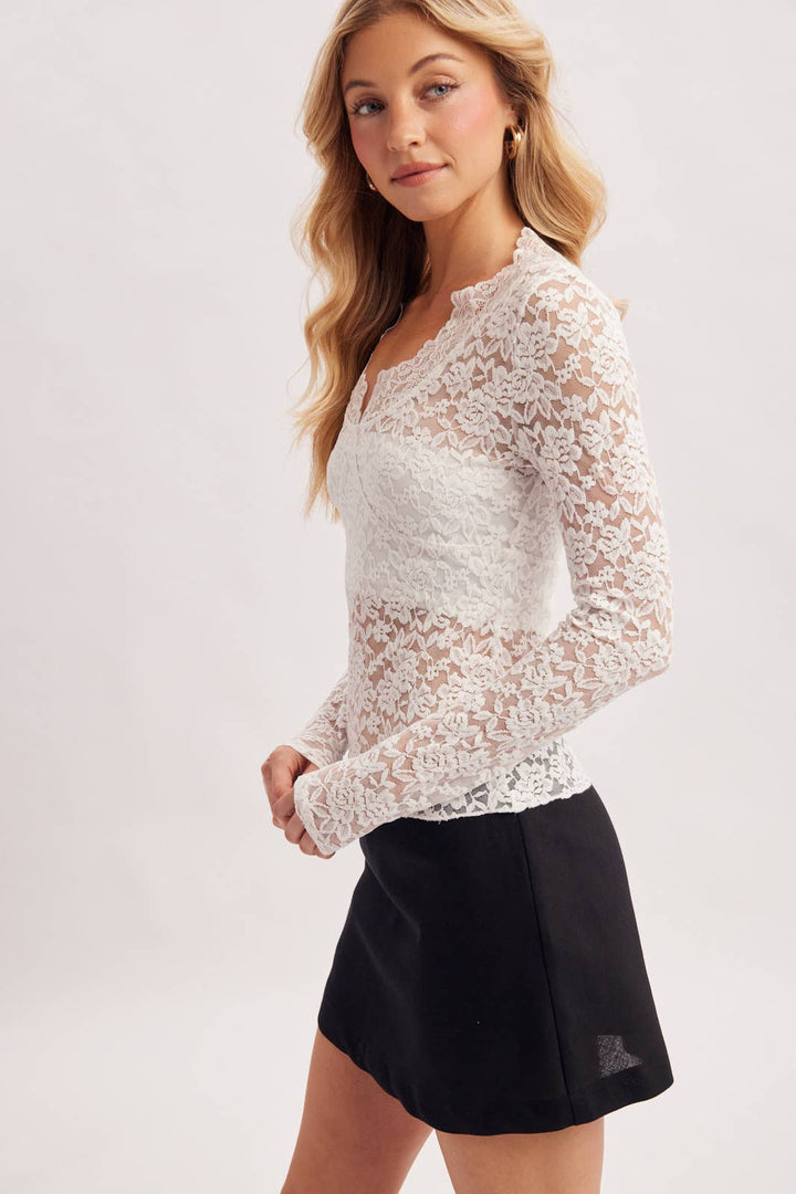 OPENWORK LACE SCALLOP TRIMMED V-NECK  TOP WITH NO LINING