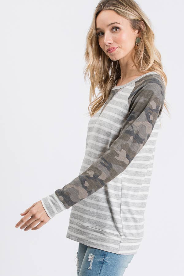 Striped Camo Print Raglan Top