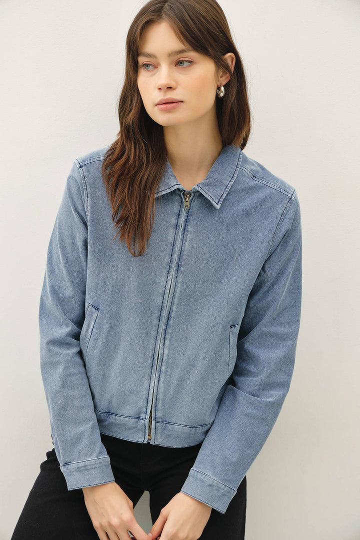 KNIT DENIM CROPPED ZIP UP JACKET