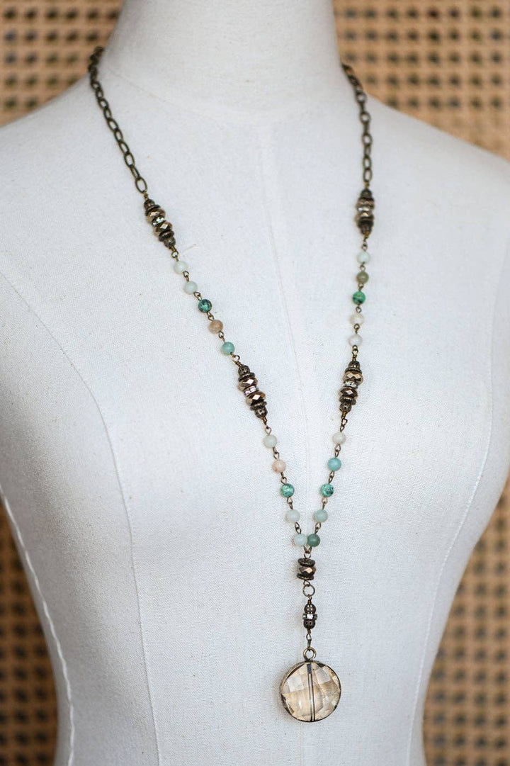 Natural Stone Bead Chain Link Necklace, Glass Crystal Pendant - 6518