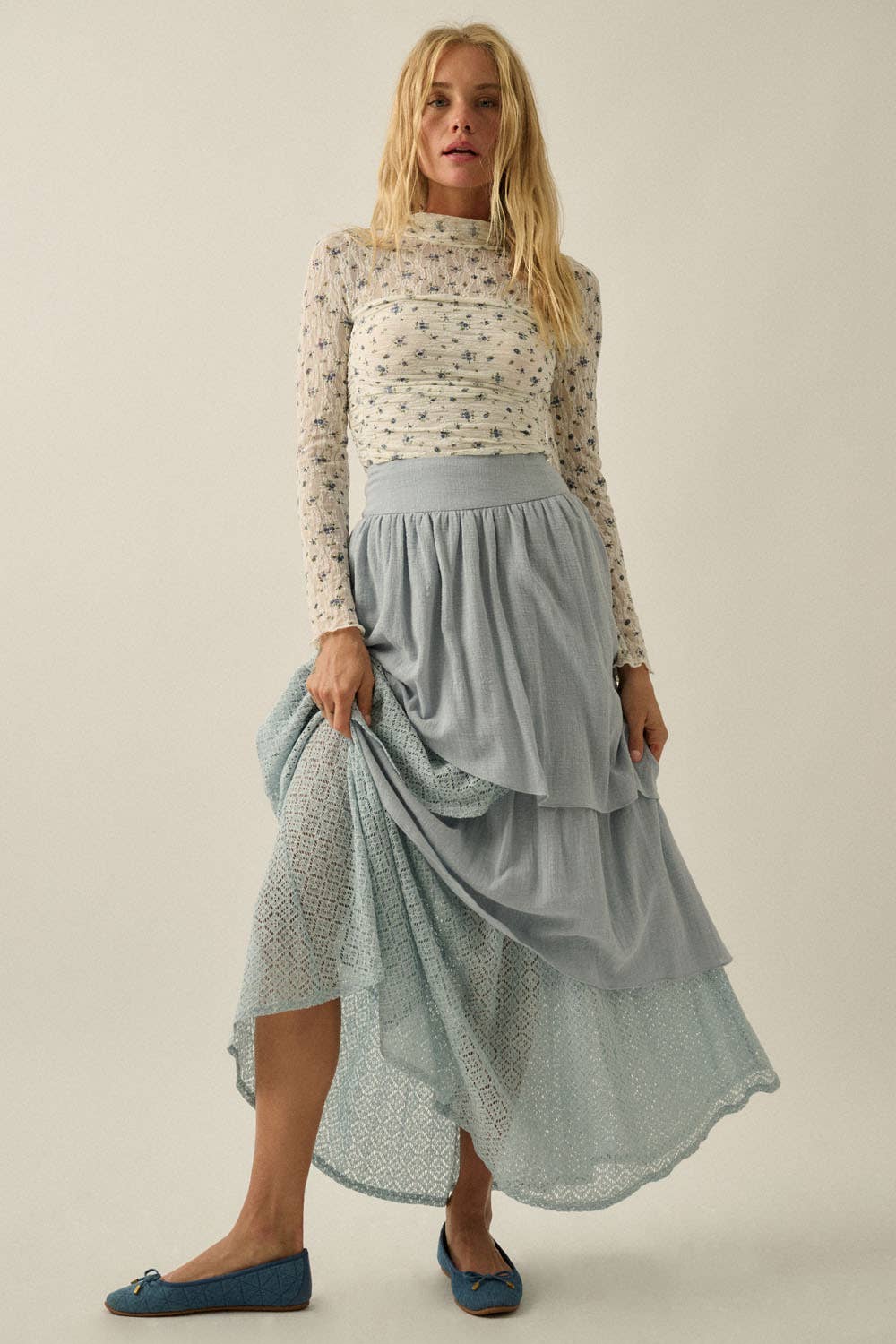 Floral-Print Lace Layered Ruched Mock-Neck Bodysuit