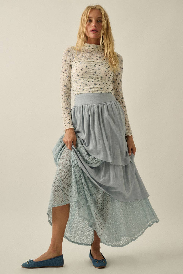 Floral-Print Lace Layered Ruched Mock-Neck Bodysuit