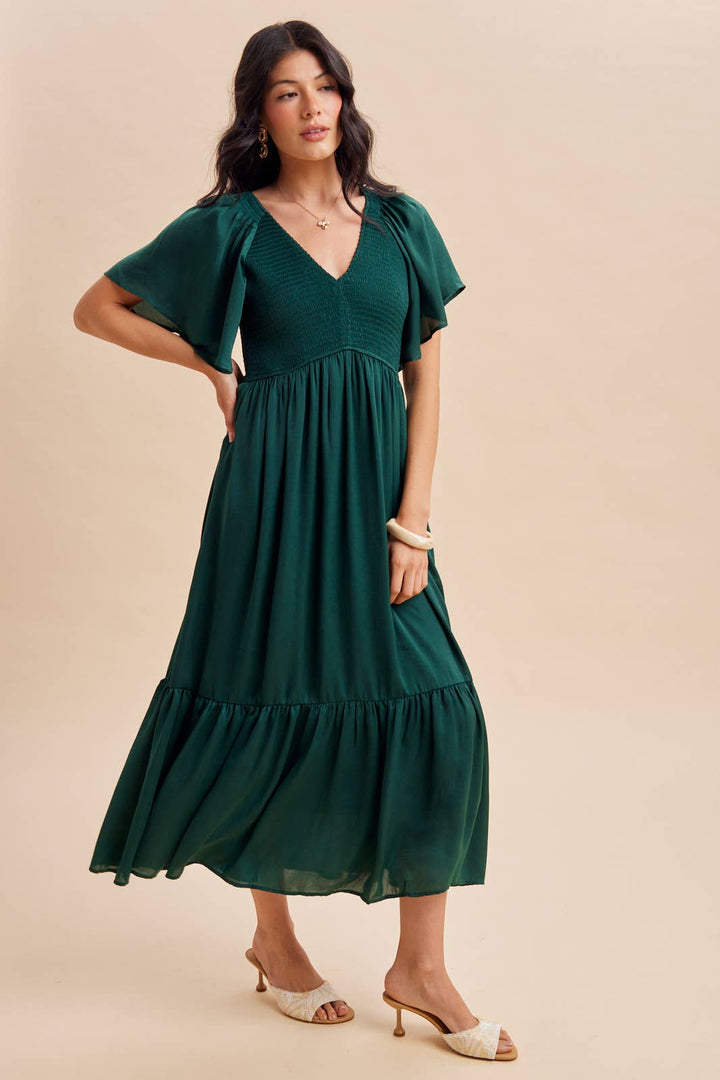 Smocked Washed Satin Dress