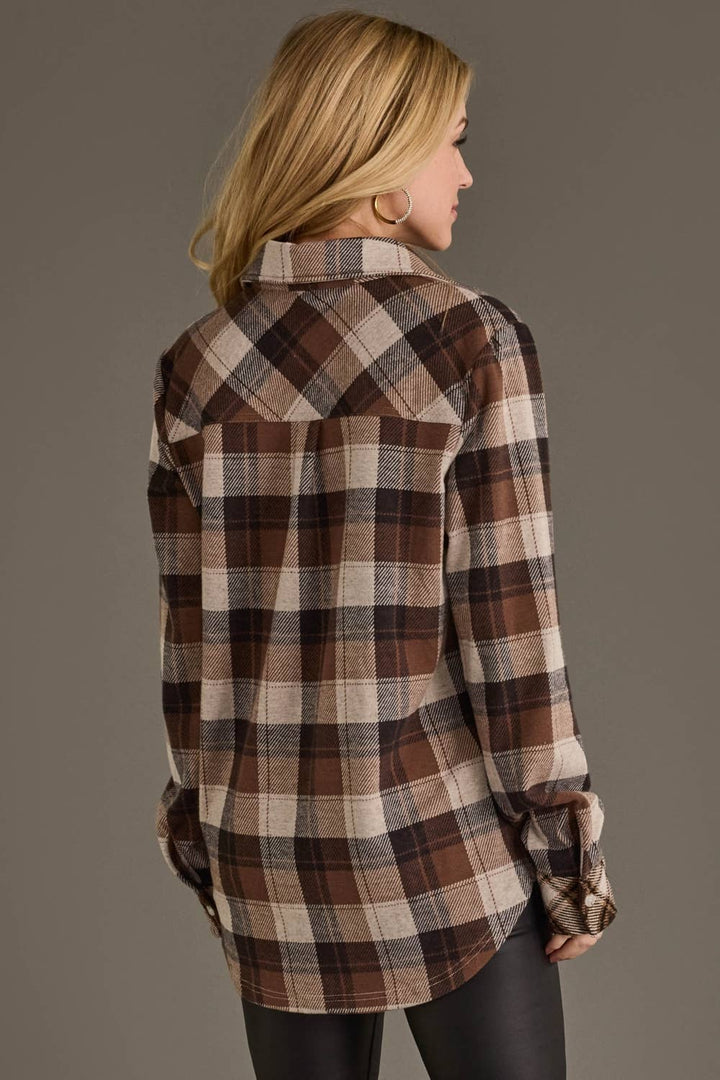Brown, Black & Cream Plaid Button Up