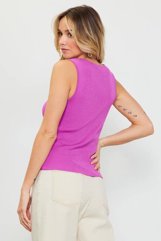 Sleeveless Ribbed Button-Down Top
