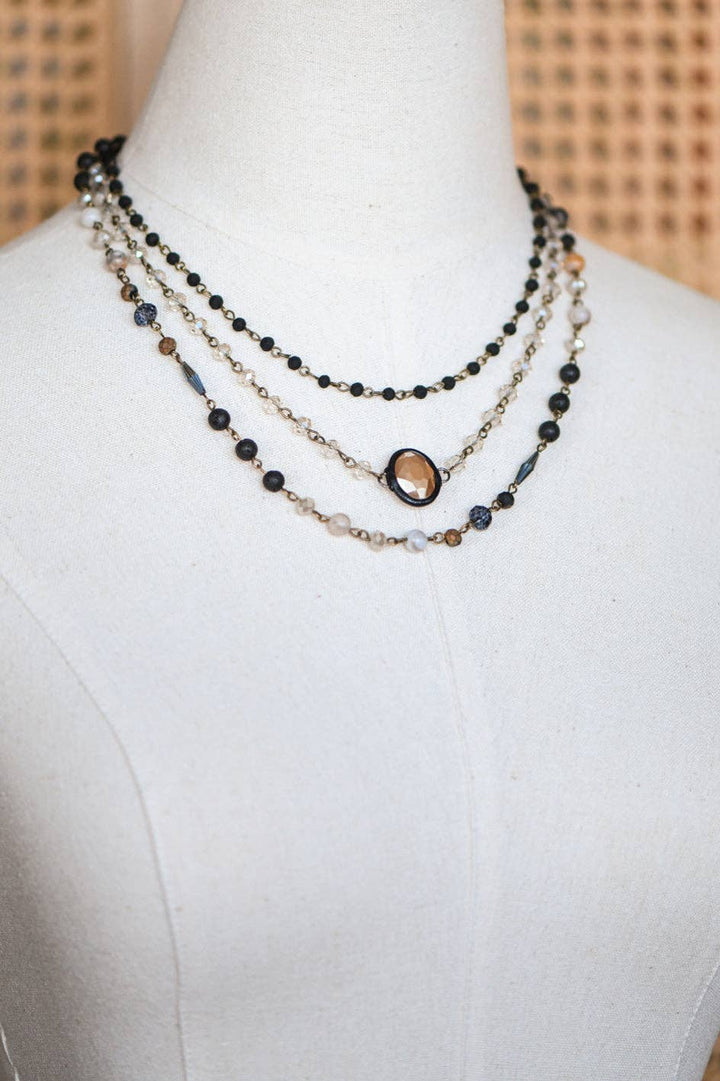 Triple Layered Mixed Glass Bead and Stone Necklace - 6909