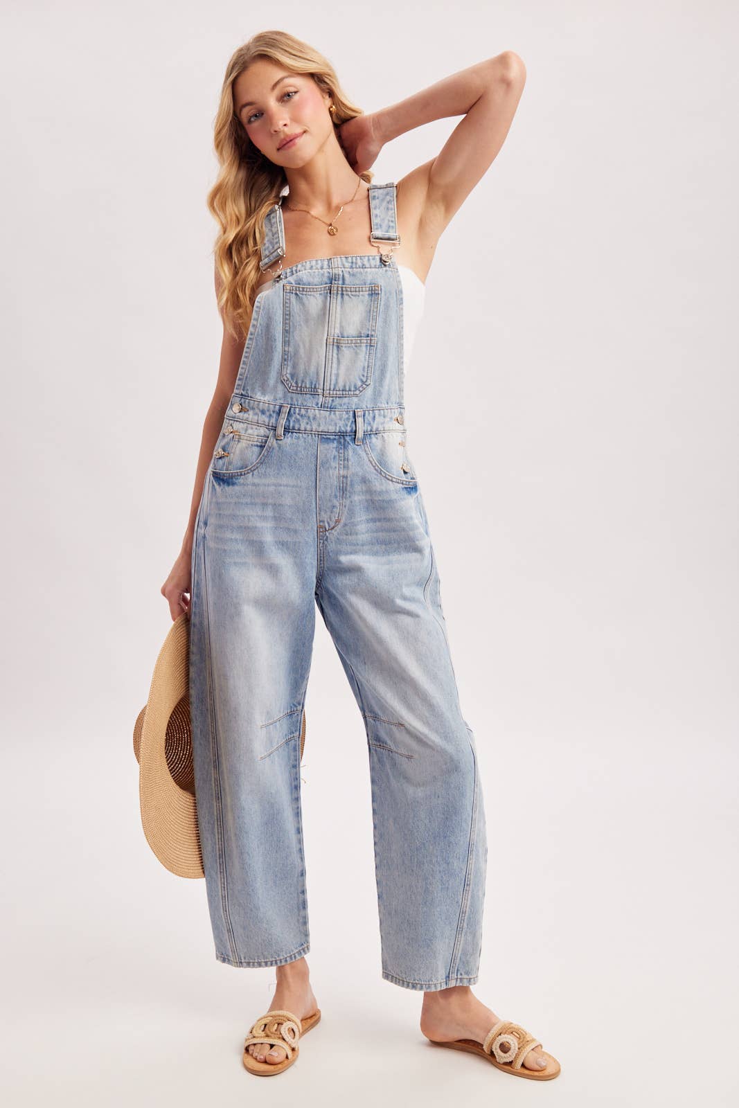 DENIM BARREL OVERALLS: DK.WASH / S
