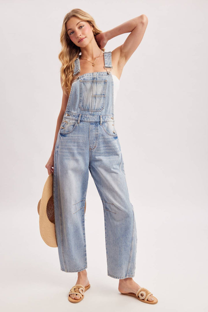 DENIM BARREL OVERALLS: DK.WASH / L