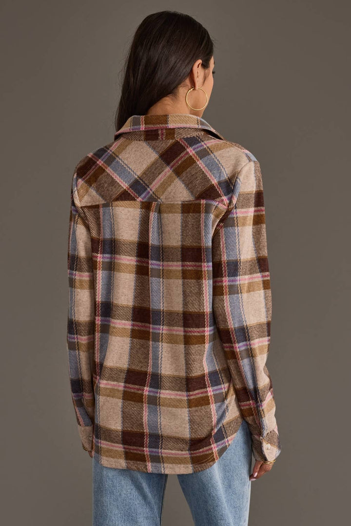 Dk. Brown, Blue & Pink Plaid Button Up