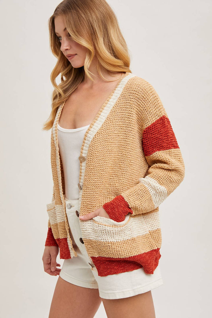 COLOR BLOCK BUTTON DOWN CARDIGAN